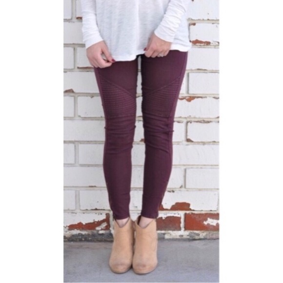 Burgundy Moto Leggings with Ankle Zipper - Picture 2 of 3